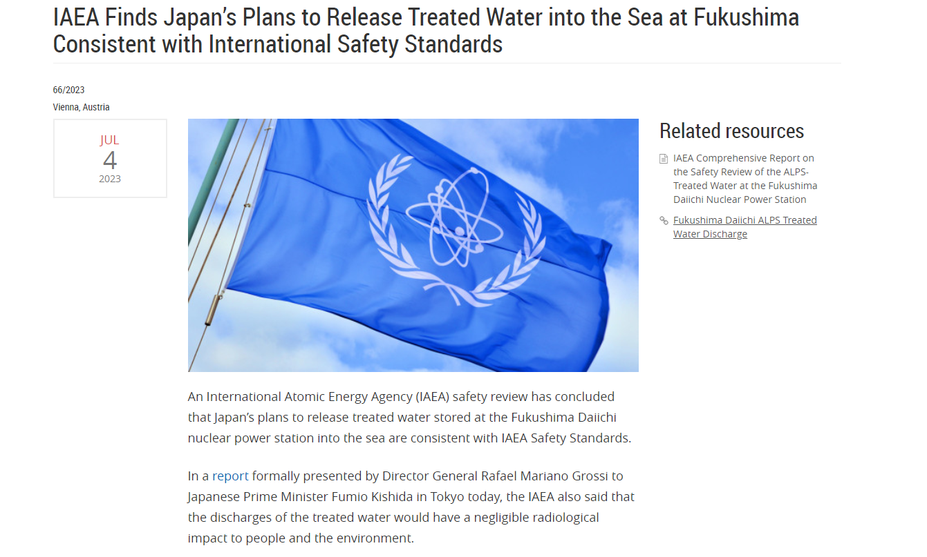 IAEA证实日本核污染水排海符合标准 放射性影响可以忽略不计